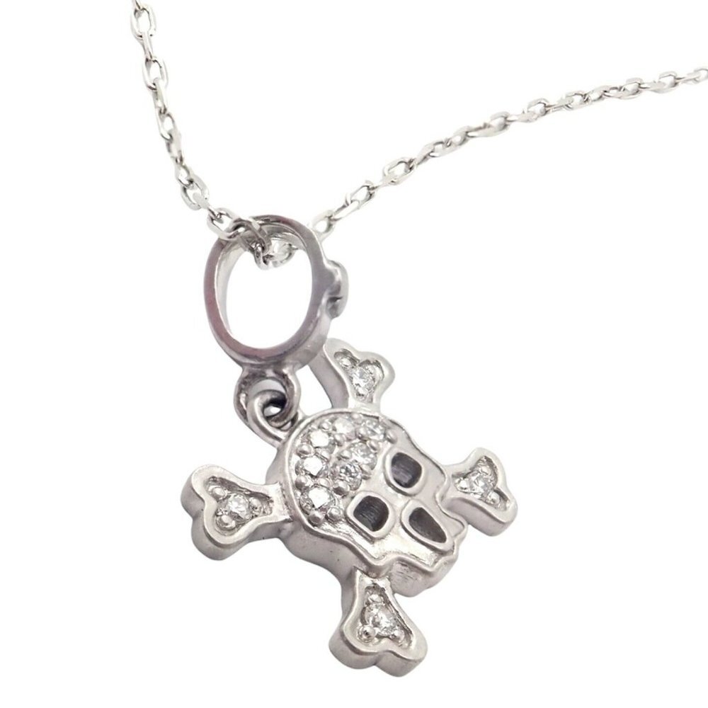 Authentic! Loree Rodkin 18k White Gold Diamond Skull Crossbones Pendant Necklace - Picture 2 of 10